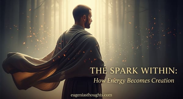 A contemplative figure in a flowing cloak stands in a glowing forest, surrounded by soft light and embers, symbolizing inner fire, stillness, and energy transmutation.